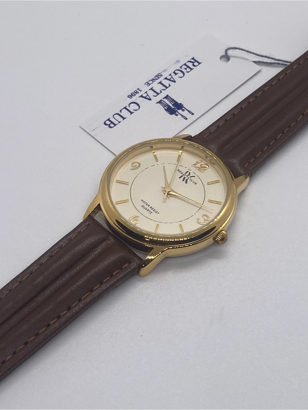 Men's Gold-Tone Quartz Watch with Brown Leather Strap